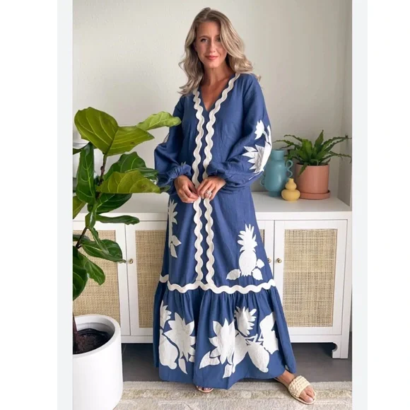 Farm Rio Dress Embroidered Flounce Maxi in Blue - Picture 2 of 8